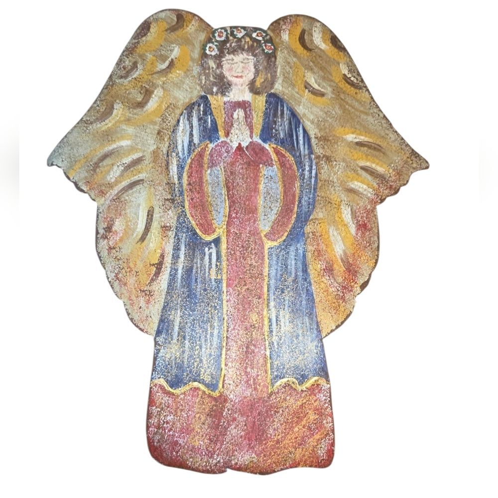 Artist Cindy Stanley VTG 1996 Hand Painted Hanging Galvanized Metal Angel 16"